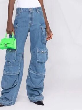 THE ATTICO Fern Wide Leg Denim Cargo Jeans in Blue Sz 25
